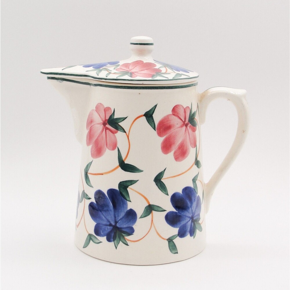 Vintage Floral Lidded Pitcher Teapot Coffee Germany Hand Painted MCM Art Pottery